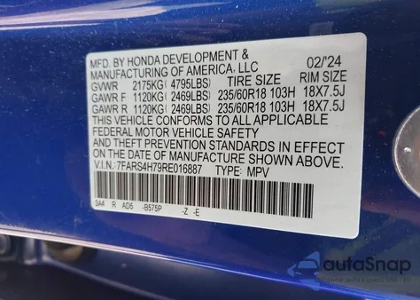 2024 Honda Cr-V Ex-L Awd from USA, damaged, VIN 7FARS4H79RE016887